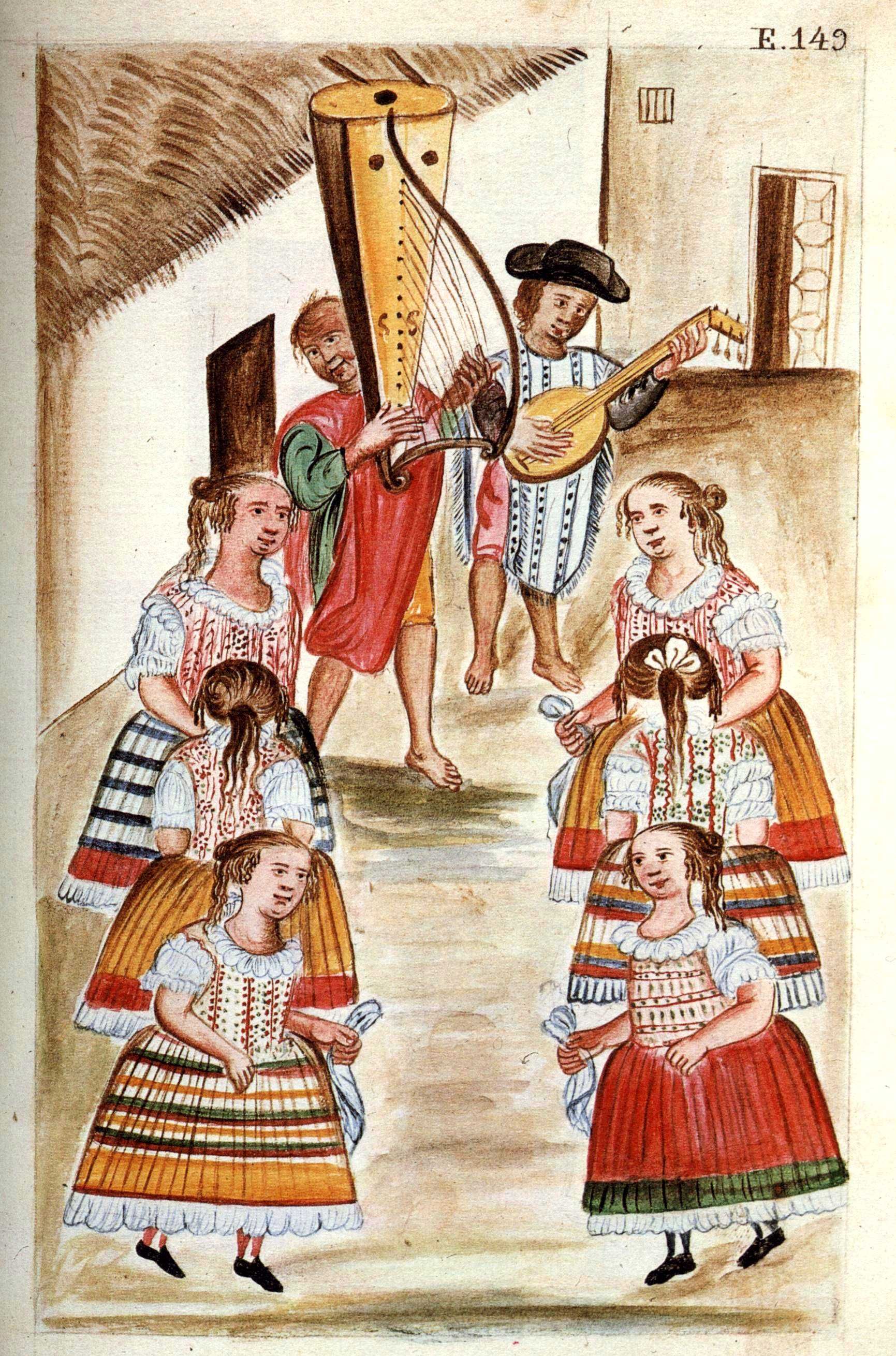 Músicos y danzantes, lámina del Códice Trujillo del Perú