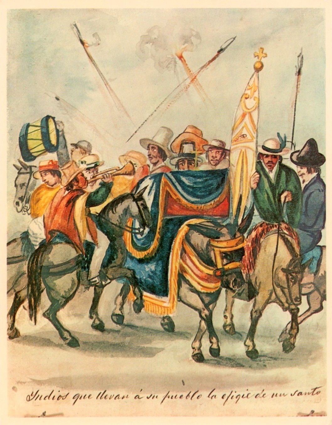 «Indios que llevan á su pueblo la efigie de un santo», acuarela de Pancho Fierro